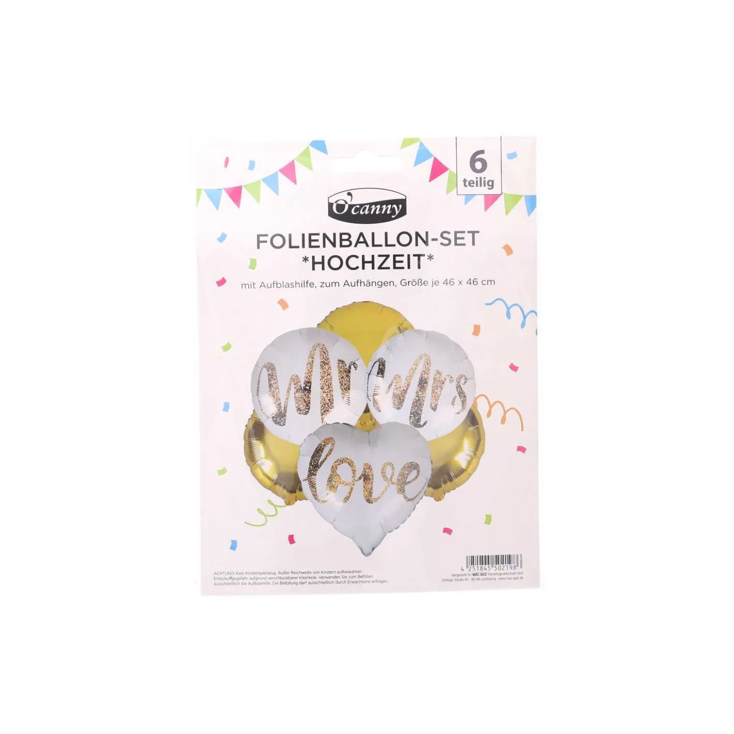 O'Canny Folienballon-Set Hochzeit, Ø 46 cm, 6-teilig